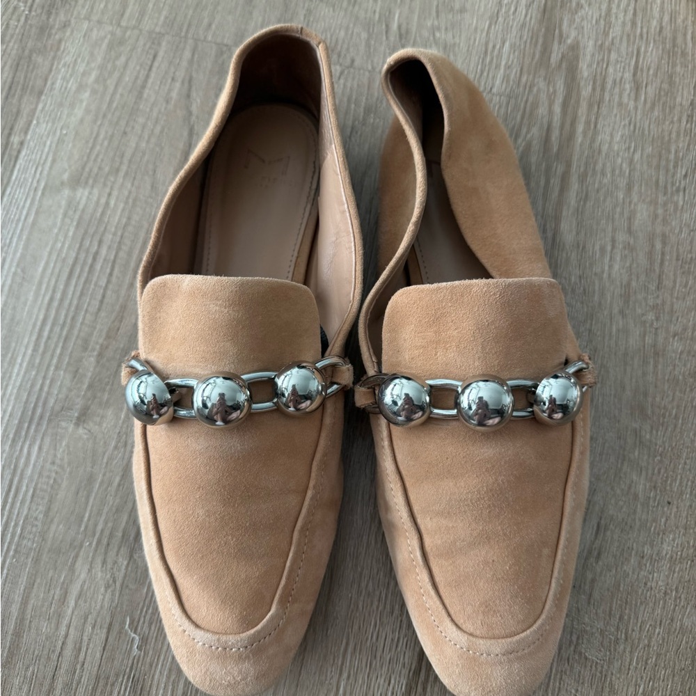 Suede Chain-Accent Loafers in Camel